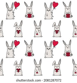 Romántico Patrón de caricatura Bunny Seamless. Conejos con Símbolos de amor - Corazones rojos, globo de forma de corazón, regalo. Feliz Día de San Valentín fondo vectorial para textil, tela, papel envolvente