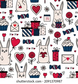 Romantic Cartoon Bunny Seamless Pattern. Cute Rabbits with Love and Holiday symbols - Hearts, Heart shape Balloon, Gifts, Sweets. Valentines Day vector background for textile, fabric, wrapping paper