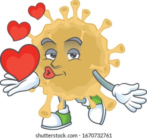 A romantic cartoon character of coronavirus particle with a heart