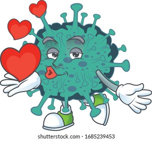 A romantic cartoon character of critical coronavirus with a heart
