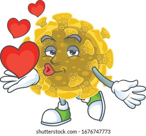 A romantic cartoon character of infectious coronavirus with a heart