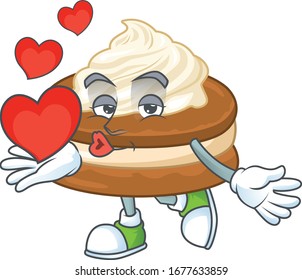 A romantic cartoon character of white cream alfajor with a heart