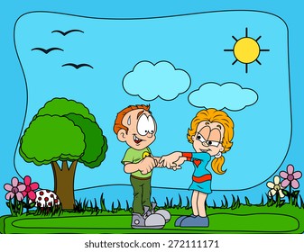 Romantic Cartoon Couple in Garden