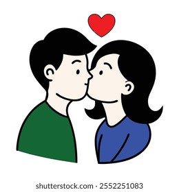 Romantic Cartoon Couple Kissing with Heart Symbol - Vector Illustration