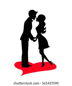 Romantic cartoon couple, man and woman holding hands and kissing silhouette