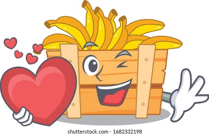 A romantic cartoon design of banana fruit box holding heart