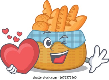 A romantic cartoon design of bread basketholding heart