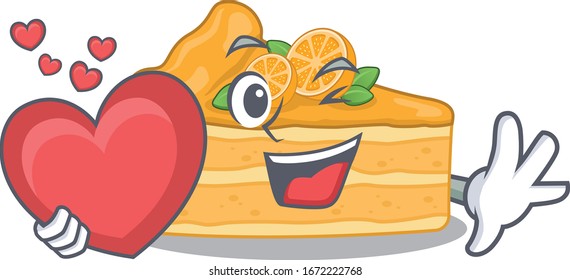 A romantic cartoon design of cheesecake orange holding heart