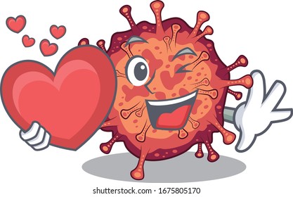 A romantic cartoon design of contagious corona virus holding heart