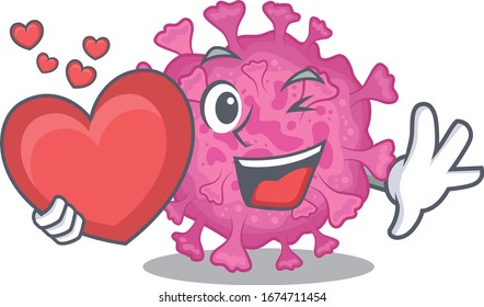 A romantic cartoon design of corona virus organic holding heart