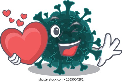 A romantic cartoon design of coronavirus COVID 19 holding heart