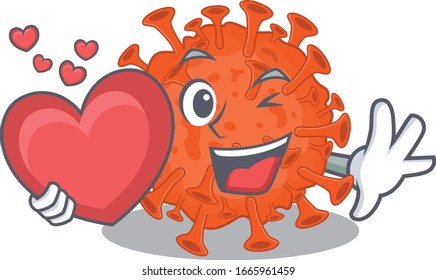 A romantic cartoon design of electron microscopy coronavirus holding heart