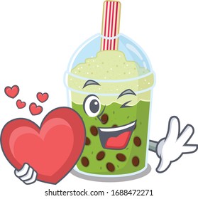 A romantic cartoon design of matcha bubble tea holding heart