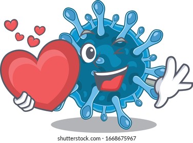 Un romántico diseño de caricaturas de virus de la corona microscópica que sostiene el corazón