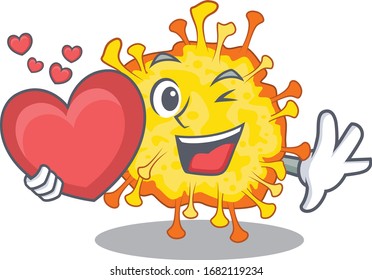 A romantic cartoon design of minacovirus holding heart