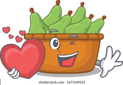 A romantic cartoon design of pear fruit box holding heart