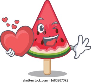 A romantic cartoon design of watermelon ice cream holding heart