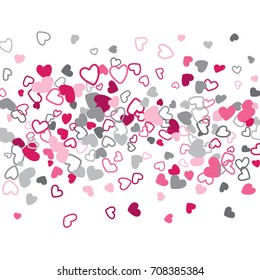 Romantic cartoon drawing of grey and pink hearts - love symbols. Love background vector for wedding invitation template. Windy pattern with flying hearts confetti. Valentine's day background.