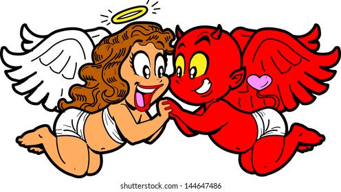 Romantic Cartoon Girl Angel and Boy Devil in Love