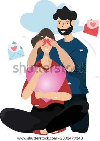 Romantic cartoon illustration of a man surprising his beloved girlfriend with a special gift, expressing love, affection, and happiness. Perfect for Valentine's Day, romance, dating, relationships, and celebration themes.