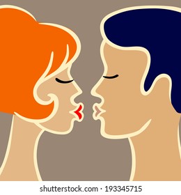 Romantic cartoon image of kissing couple. Vector illustration in retro colors