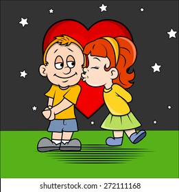 Romantic Cartoon Kid Couple at Night