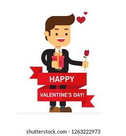Romantic cartoon man with flowers and gift for Valentines Day