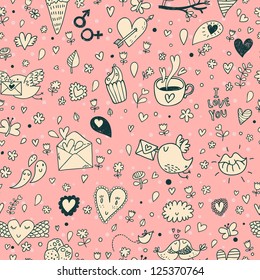 Romantic cartoon seamless pattern with birds, tea and coffee cups, sweet cakes
