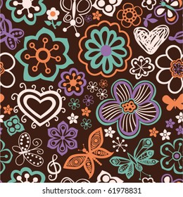 Romantic cartoon seamless pattern with flowers and butterflies