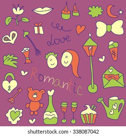 Romantic cartoon set in pastel colors. Cute illustration in vector about love.