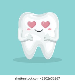 Romantic cartoon tooth character  felling love with pink heart eyes. Vector kawaii style illustration. Good for website, design, social media. Stomatology, dental concept. Adorable tooth icon.