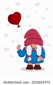 Romantic cartoon valentine garden gnome girl with red heart ballon on the white background with hearts. Tamplate for invitation, postcard, background, greeting card. Vector isolated flat character