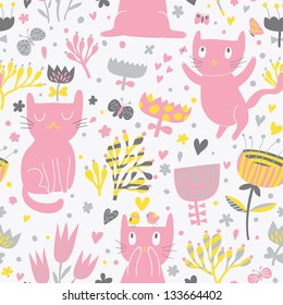 Romantic cartoon wallpaper. Childish background with funny cats and flower. Seamless pattern can be used for wallpapers, pattern fills, web page backgrounds, surface textures.