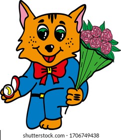 Romantic cat with a bouquet of roses