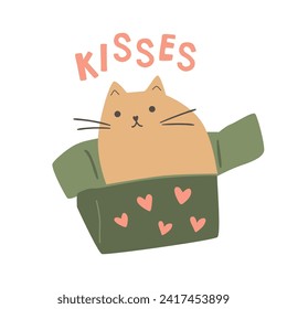 Romantic cat in box for Valentines day card with text kisses. Vector pet illustration isolated on white. Funny beige kitty, meow 14 February greeting postcard in childish style of animal drawing