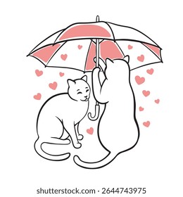 Casal de gato romântico abraçado sob um guarda-chuva vermelho com corações cor-de-rosa ao redor. Um vetor colorido para o Dia dos Namorados ou designs com tema de amor