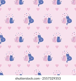 Romantic Cat Illustration Pattern with Blue and Pink Tones