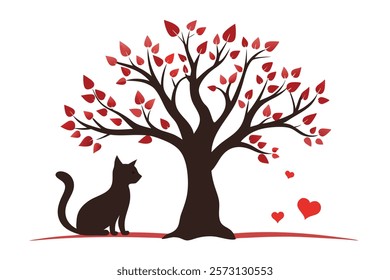 Romantic Cat and Love Tree Silhouette Art
