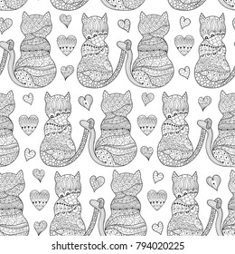 Romantic cats seamless pattern. Great for coloring book, wrapping, printing, fabric and textile. Vector illustration