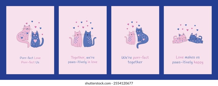 Romantic Cat-Themed Greeting Card Collection, Cute Pink and Blue Cats with Hearts