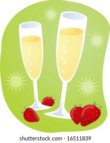 Romantic celebration with champagne and strawberries, illustration