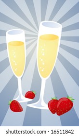 Romantic celebration with champagne and strawberries, illustration