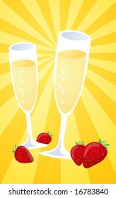 Romantic celebration with champagne and strawberries, illustration