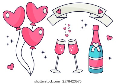 Romantic celebration set. Heart balloons, champagne bottle, glasses and banner. Valentine's Day elements. Vector illustration