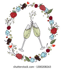 Romantic champagne glasses.
Wreath of elements for decoration