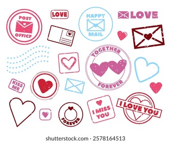 Romantic charming Valentine's day holiday correspondence stamps in grunge retro style design. Greeting card, postcards, mail seals cute distress scratched festive letters elements vector illustration