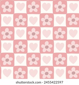 Romantic checkered seamless pattern with flower and heart. Soft hand drawn coquette girlish background with vintage. chessboard  checkerboard texture. Vector illustration for wedding wallpaper fabric