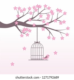 Romantic cherry blossom with bird cage vector 