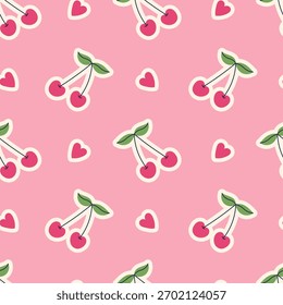 Romantic Cherry and Hearts Seamless Pattern. Coquette cute pink fruit background with fresh playful berries and love symbol stickers. Hand drawn flat vector illustration