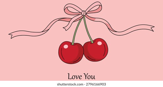 Romantic Cherry Love Card Illustration Featuring Sweet Fruit Ribbon Decoration Valentine Affection Greeting Relationship Celebration Design for Romantic Messages and Special Occasions